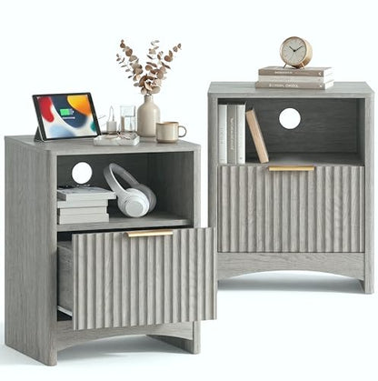 Marsail Fluted Nightstand Set of 2, Wooden Nightstands with Drawers, Modern Bedside Table with Charging Station and Storage, End Table with Storage Side Table for Bedroom, Grey - color: Grey
