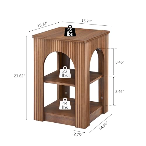 weselon End Table Set of 2, Mid-Century Modern Side Table with 3-Tier Storage Shelves and Arched Carving Lines, Square Fluted Nightstand for Living Room, Bedroom, or Office (2, Walnut) - color: Walnut