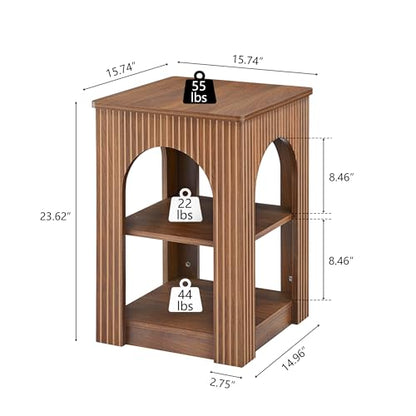 weselon End Table Set of 2, Mid-Century Modern Side Table with 3-Tier Storage Shelves and Arched Carving Lines, Square Fluted Nightstand for Living Room, Bedroom, or Office (2, Walnut) - color: Walnut