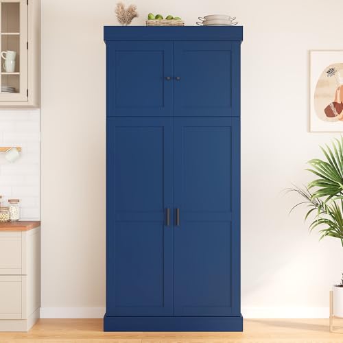 Polibi 77" Tall Freestanding Kitchen Pantry Cabinet, 35" L x 17.7" W Modern Shaker Style Storage Cupboard with Adjustable Shelves, Wine Racks, Drawers, Door Shelves, Blue - color: Blue