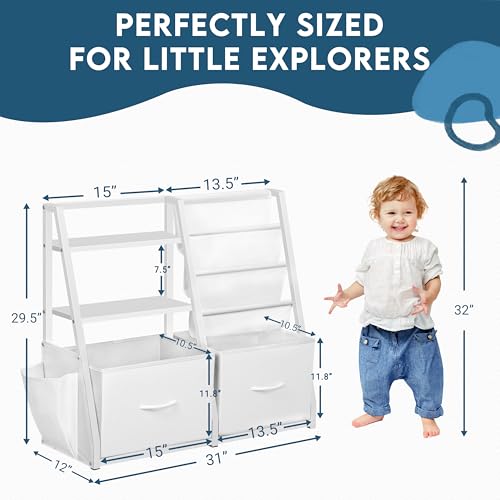 LOFTEY Kids Bookshelf and Toy Storage, Toy Box with Bookshelf, White | 29.5" Child-Friendly Height, 2 Large Fabric Drawers, 4 Sling Book Pockets, Anti-Tip Straps, for Nursery, Bedroom and Playroom