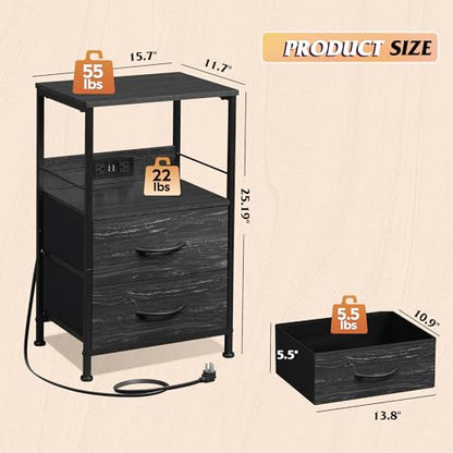 WLIVE Night Stand with Charger Station, LED Nightstand for Bedroom, Small Dresser with 2 Fabric Drawers for Small Spaces, Bed Side Table, Charcoal Black and Wood Grain Print - color: Charcoal Black