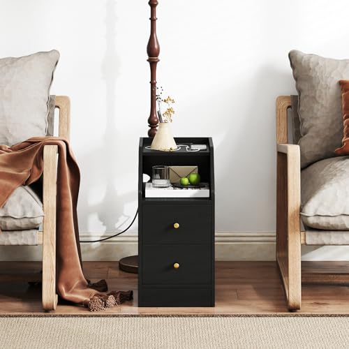 KOMFOTT Set of 2 Side Tables with Charging Station, End Tables with Storage Drawers, Sofa Couch Tables for Small Space, Modern Narrow Nightstands for Bedroom (Black,2) - color: Black