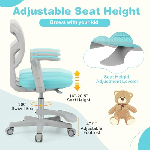 HONEY JOY Kids Desk Chair, Children Study Chair with Adjustable Height/Armrest/Footrest, Swivel Rolling Mesh Task Student Chair, Kids Computer Chair for Teens Girls Boys, Home, School, Office (Green) - color: Green