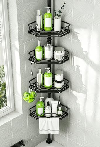 DAOYA Shower Caddy Tension Pole Shower Organizer Tension Rod with Towel Bar | Bathroom Corner Caddy for Bathtub/RV, Adjustable Floor-to-Ceiling 25-114.2", 12 Side Hooks, Black, Rustproof Stainless Steel - color: Black-4T