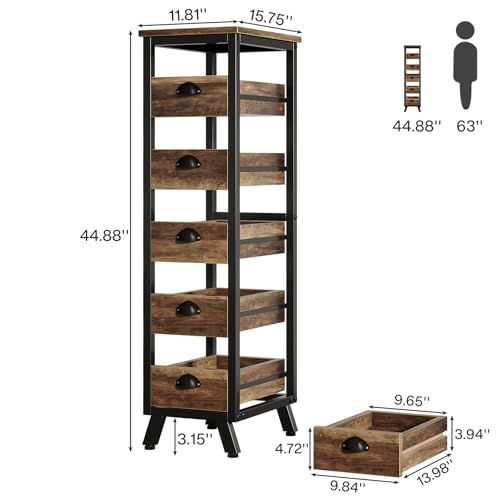 Tribesigns Wood Fruit and Vegetable Storage Rack, 5-Tier Narrow Snack Stand Kitchen Stand Fruit Basket, Pull-Out Utility Organizer for Kitchen, Living Room, Rustic Brown - color: Rustic Brown