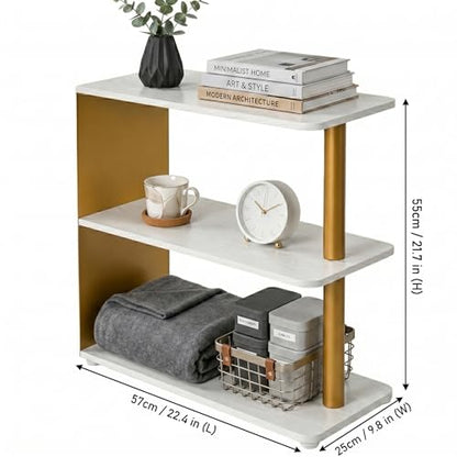 3-Tier Narrow End Table, Industrial Slim Side Table for Small Spaces, Sofa Couch Table Accent Nightstand with Storage Shelves for Living Room, Bedroom, Gold and White - color: Gold