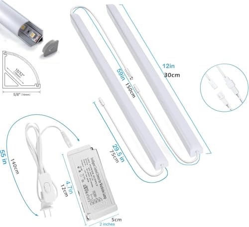 Cefrank V-Shape Under Cabinet LED Lights, 1600LM 8-bar 12in Linkable 6000K | Plug in or Hardwired frosted diffuser 16W aluminum and PC housing kitchen shelf closet display shelf light kit - color: White