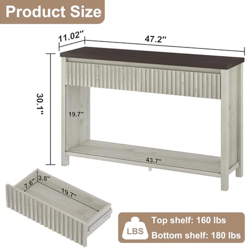 BON AUGURE 47In Entryway Table with Drawers, Sofa Tables with Storage | Console Tables for Entryway, Two-Tier Narrow Hallway Tables, Modern Fluted Panel, Walnut and Washed Grey Oak - color: Walnut & Washed Grey