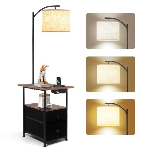 PESRAE Floor Lamp with Table & 2 Drawers, End Table with 3 Color Temperature Reading Light, Side Table Lamp with USB & Type C & AC Charging Port for Bedoom, Home Office - color: Natural Wood