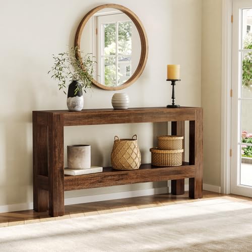 LITTLE TREE 63-Inch Wood Entryway Table, Long Farmhouse Narrow Console Table for Living Room, Hallway, Sofa, Entry, Entrance, Foyer, Behind Couch with 2-Tier Shelves, Brown - color: Red Brown