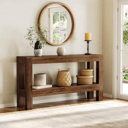 LITTLE TREE 63-Inch Wood Entryway Table, Long Farmhouse Narrow Console Table for Living Room, Hallway, Sofa, Entry, Entrance, Foyer, Behind Couch with 2-Tier Shelves, Brown - color: Red Brown