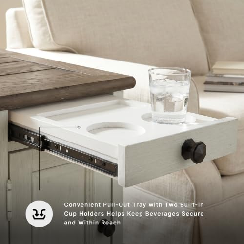 Signature Design by Ashley Bolanburg Farmhouse Chair Side End Table, 2 USB Ports, Pull-out Tray, Wood, 14" W x 24.25" D x 23" H, Antique Cream & Brown - color: Whitewash