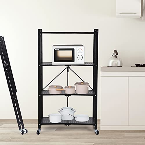4-Tier Heavy Duty Foldable Metal Rack Storage Shelving Unit with Wheels Moving Easily Organizer Shelves Great for Garage Kitchen, Black - size: 4-Tier