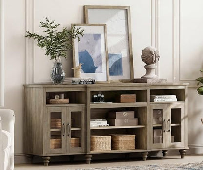 WAMAPT Buffet Cabinet with 4 Glass Doors, Large Coffee Bar Tables Wood Kitchen Storage Cabinets with 9 Storages, Modern Farmhouse Sideboard Credenza, Wash Gray, 70 inch - color: Wash Grey