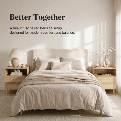 26 Inch Tall Natural Oak Nightstand with Charging Station, 2 Drawers | 24 inch wide, 16 inch deep design with raised-edge tray top, open shelf, hidden storage, and a lighter bedside feel - color: Natural Oak