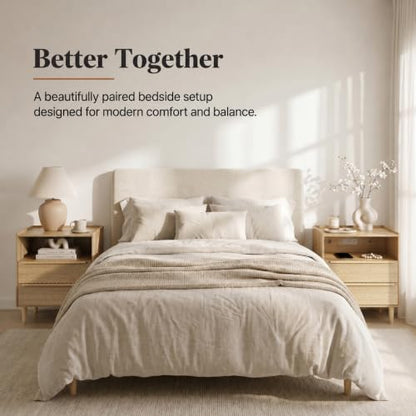 26 Inch Tall Natural Oak Nightstand with Charging Station, 2 Drawers | 24 inch wide, 16 inch deep design with raised-edge tray top, open shelf, hidden storage, and a lighter bedside feel - color: Natural Oak