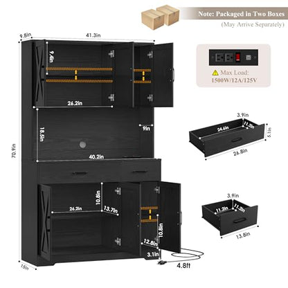 HOSTACK 71" Pantry Cabinet with Charging Station, Tall Kitchen Pantry Storage Cabinet with Microwave Stand, Farmhouse Kitchen Hutch with Storage Drawers for Living Room, Dining Room, Black Wood Grain - color: Black Wood Grain