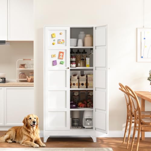Yizosh Metal Storage Cabinet with 2 Doors and 4 Adjustable Shelves,- 71" White Kitchen Pantry Storage Cabinet for Kitchen,Dining Room,Living Room - color: White, size: 71"- 4 Adjustable Shelves-A