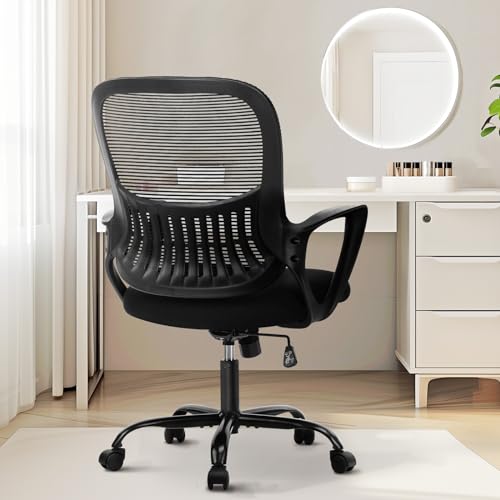 Sweetcrispy Home Office Managerial Executive Chair with Ergonomic Design, Mid-Back Mesh 360° Swivel, Comfortable Lumbar Support, Comfy Arms for Bedroom,Study,Student, Black - color: Black, size: 18.5"D