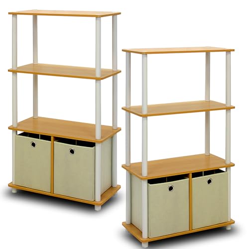 Furinno Go Green 4-Tier Multipurpose Storage Rack Shelving Unit with Bins (Set of 2), Beech - color: Beech/White, size: 4-Tier with Bin (Set of 2)