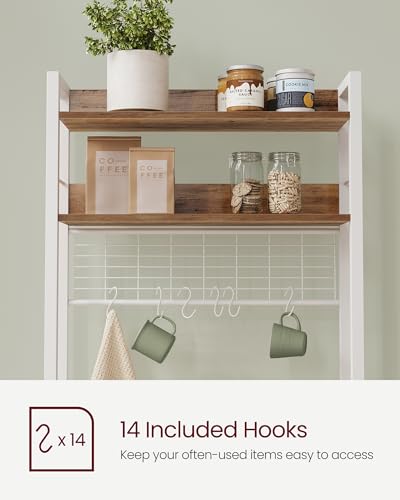VASAGLE Bakers Rack with Power Outlet, Microwave Stand, Kitchen Tall Utility Storage Shelf, with Metal Wire Panel, 14 Hooks, 15.7 x 23.6 x 66.9 Inches, Rustic Walnut and Cloud White UKKS037W41 - color: Rustic Walnut + Cloud White, size: 23.6"W