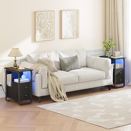 HOOBRO Narrow End Table with Charging Station & LED Lights, Slim Nightstand with 2 Fabric Drawers and Open Shelves, Narrow Side Table for Living Room, Bedroom, Black BB430UDBZ01 - color: Black