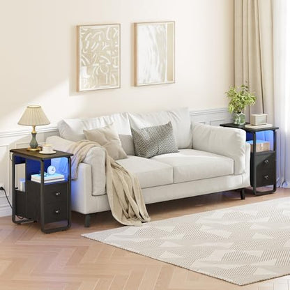 HOOBRO Narrow End Table with Charging Station & LED Lights, Slim Nightstand with 2 Fabric Drawers and Open Shelves, Narrow Side Table for Living Room, Bedroom, Black BB430UDBZ01 - color: Black