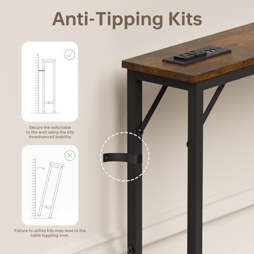 Aduanbang 5.9" Console Table with Outlet – Narrow Sofa Table, Behind Couch Table for Living Room & Hallway, 5.9" x 39.4" x 30", Metal Frame, Rustic Brown - color: Rustic Brown, size: 5.9"D x 39.4"W x 30"H