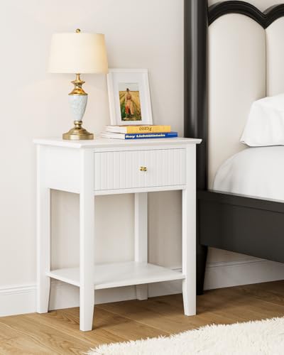 Fluted Nightstand, Farmhouse Night Stand with 1 Drawers, Mid Century Modern Side Accent Table,Bedside End Table for Bedroom, Living Room, White - color: White, size: 1 Drawer