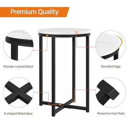 Yaheetech Round End Table Set of 2,16in Faux Marble Accent Table,Modern Side Table with Marble Top and Metal Frame,Small Coffee Table Telephone Table for Living Room/Small Space,Black - color: Black