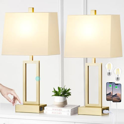 Rinweey 23.5" Touch Control Table Lamps Set of 2, Modern Gold Bedside Lamps with USB A+C Ports & AC Outlet, 3 Way Dimmable Contemporary Nightstand Lamps for Bedroom Living Room(2 LED Bulb Included) - color: Gold