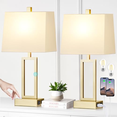 Rinweey 23.5" Touch Control Table Lamps Set of 2, Modern Gold Bedside Lamps with USB A+C Ports & AC Outlet, 3 Way Dimmable Contemporary Nightstand Lamps for Bedroom Living Room(2 LED Bulb Included) - color: Gold
