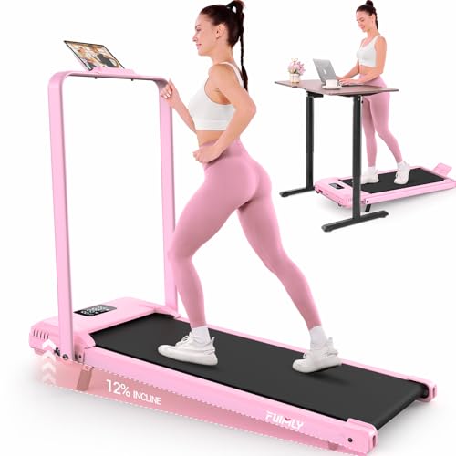FUNMILY Upgrade Walking Pad Folding Treadmill with 12%/15% Incline & Handle Bar, 3.5HP Foldable Under Desk Compact Treadmills for Home/Office/Gym, 400+lb Capacity, Shock Absorption - color: Light Pink