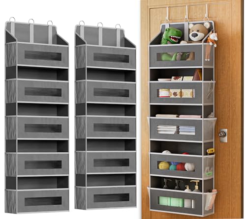 2 Pack 5 Tier Over The Door Organizer - Large Capacity Behind Door Hanging Shelves with 10 Mesh Pockets and Clear Windows, Closet Organizers and Storage for Bathroom, Bedroom, Nursery, Grey - color: Grey, size: 2 PACK