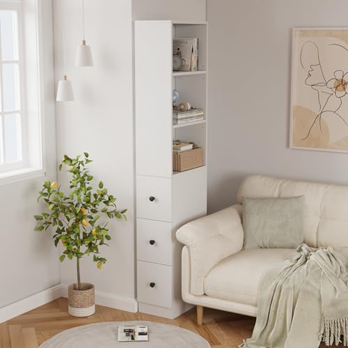 ARTETHYS Tall Narrow Free Standing Bathroom Storage Cabinet Set of 2, White | 3-Level Adjustable Shelves, Home - Space Saver for Living Room Kitchen, 3 Drawers - color: White Set of 2