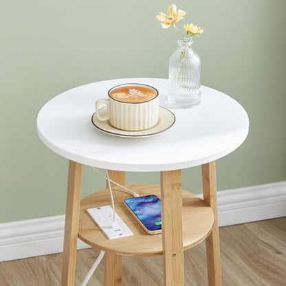 HOOBRO Round Side Table with Charging Station, Round Accent End Table with Bamboo Legs for Living Room, Bedroom, White and Natural YW101UBZ01 - color: White and Natural