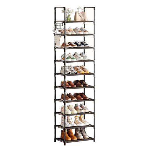 Simple Trending Tall Shoe Rack for Closet, 10 Tiers Narrow Shoe Shelf Holds 20 Pairs, Shoe Organizer Storage with Hooks, Black - size: 10 Tiers Narrow, Black