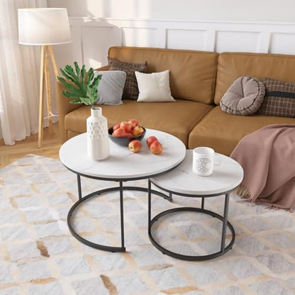 Nesting Coffee Table Set of 2 Round Side Tables, 27.6 Inch Marble Top Coffee Table with Metal Frame for Small Space, Living Room, Bedroom, Balcony & Apartment(White) - color: White