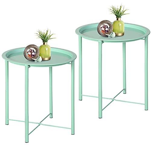 VECELO Side/End Table, Folding Round Metal Anti-Rust and Waterproof Outdoor or Indoor Tray for Living Room Bedroom Balcony and Office, 2 PCS, Light Green - color: Light Green, size: 2 PCS