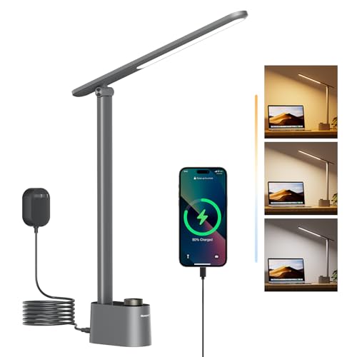 Honeywell LED Desk Lamp-Upgraded H01 Desk Lamps for Home Office with USB A+C Charging Ports,Stepless Dimmable Eye Caring Foldable Desk Light for Bedroom Bedside College Dorm(Grey) - color: Gray