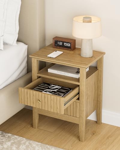 Fluted Nightstand, Farmhouse Night Stand with 2 Drawers, Mid Century Modern Side Accent Table,Bedside End Table for Bedroom, Living Room, Yellow Oak - color: Oak, size: 2 Drawers