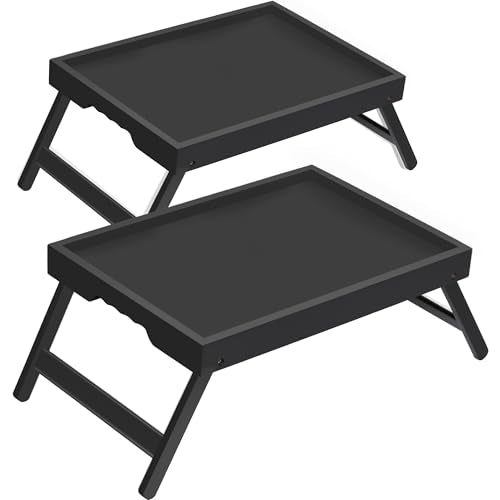 Breakfast Tray with Folding Legs Set of 2, Bamboo Bed Tray Table 15.7" Foldable TV Dinner Tray with Ergonomic Wave Handles for Bed Couch Sofa, Breakfast, Snacks, Coffee, Black - color: Black, size: Medium