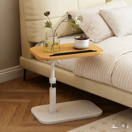 FuturelOT Sofa Couch Arm Table Tv Tray Small Bedside Table C Shaped Adjustable Height Side End Tables for Living Room, Bedroom, White + Natural Wood - color: White + Natural Wood