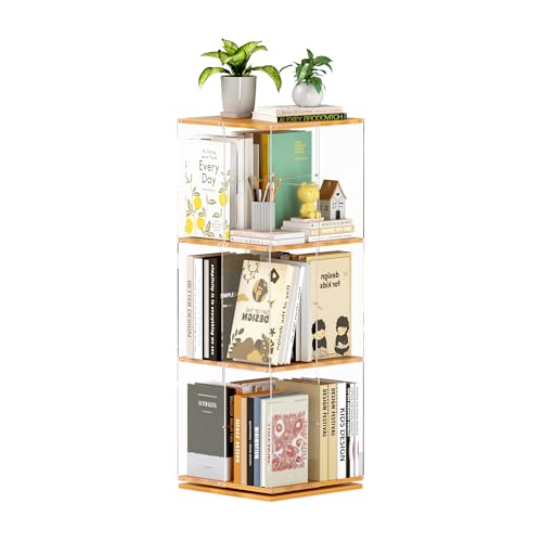 TAKEKIT 3-Tier Rotating Bookshelf, 360° Spinning Book Shelf Tower with Solid Wood & Clear Acrylic, Square Revolving Bookcase for Kids Room, Living Room, Bedroom and Office - color: Natural Square, size: 3-Tier