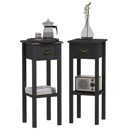 HOMCOM Narrow End Table with Drawer and Bottom Shelf, Slim Side Table for Small Spaces, Skinny Modern Accent Desk for Living Room, Set of 2, Black - color: Black