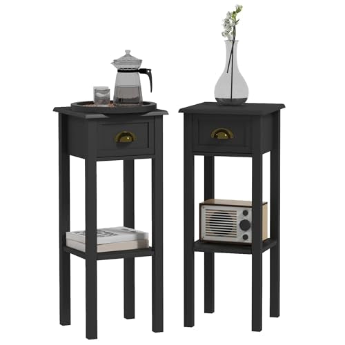 HOMCOM Narrow End Table with Drawer and Bottom Shelf, Slim Side Table for Small Spaces, Skinny Modern Accent Desk for Living Room, Set of 2, Black - color: Black
