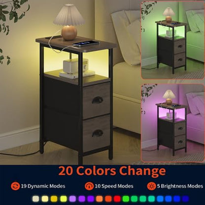 sthmec Narrow End Table with Charging Station, Narrow Side Table with 2 Fabric Drawers, LED End Table, Slim Nightstand with LED Light, Small Side Table for Small Spaces, Living Room, Bedroom, Grey - color: Grey, size: 7.87'' W x 15.75'' D x 24.37'' H, sty