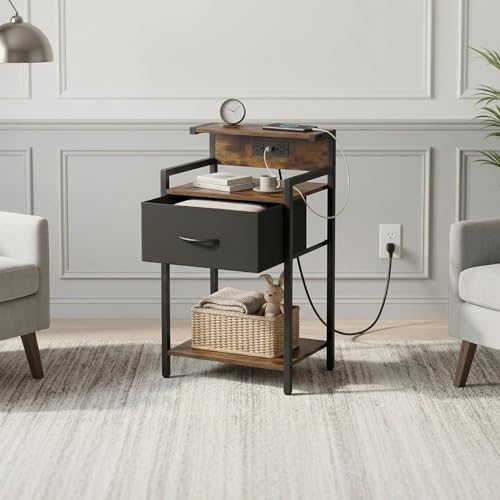Industrial Nightstand with USB Charging Port, Narrow End Side Table with Fabric Drawer & Storage Shelf for Bedroom Living Room