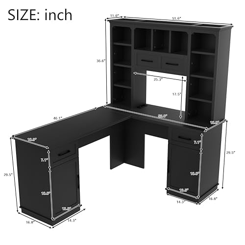 L-Shaped Home Executive Desk with 2 Cabinets and 2 Drawers, Computer Desk with Power Outlet, 11 Open Shelves and 1 Right Flip Shelf with Storage for Study, Living Room and Office (Black-02) - color: Black-02